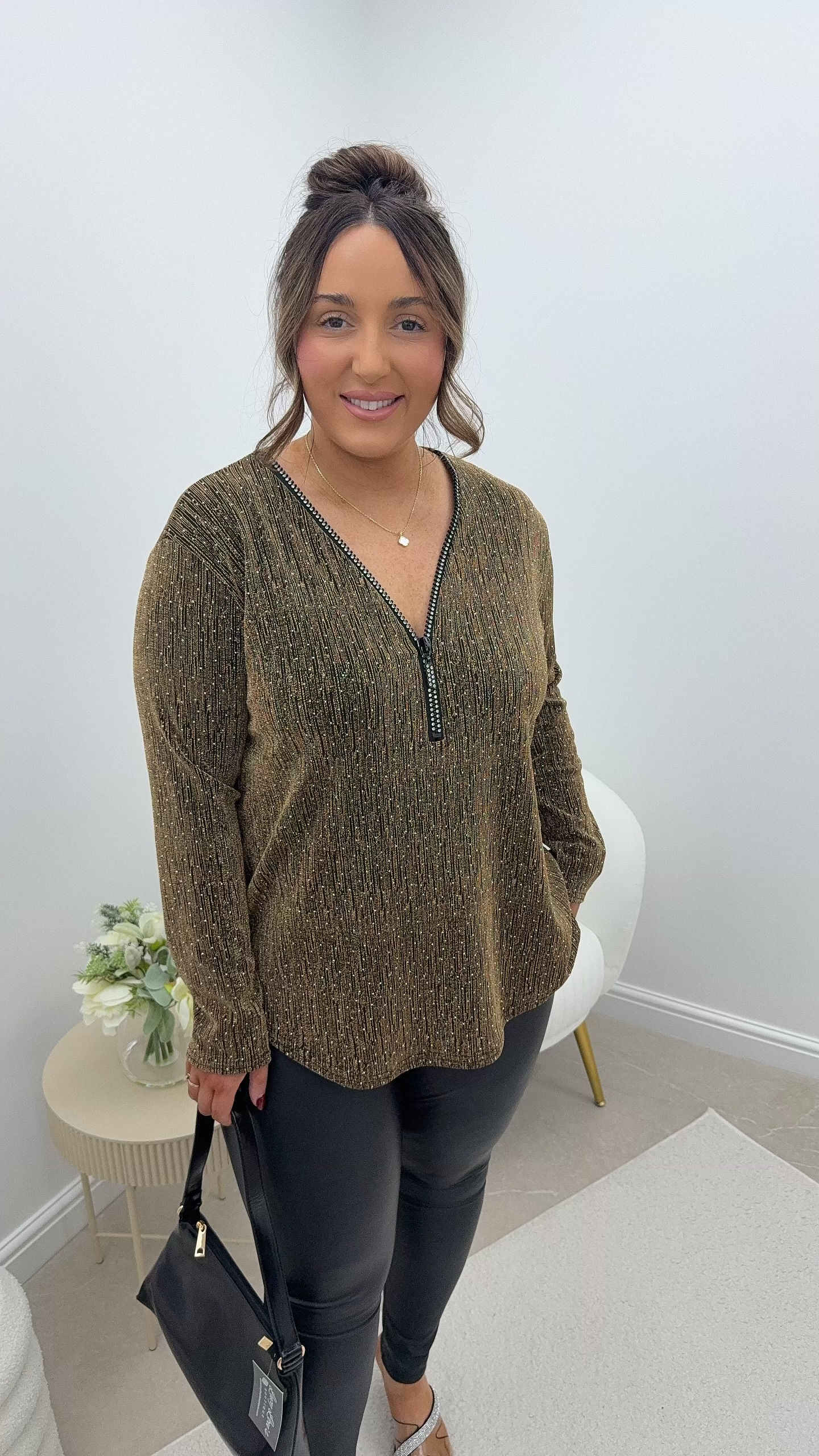 Clara Gem Sparkle Shimmer Zip Top Gold