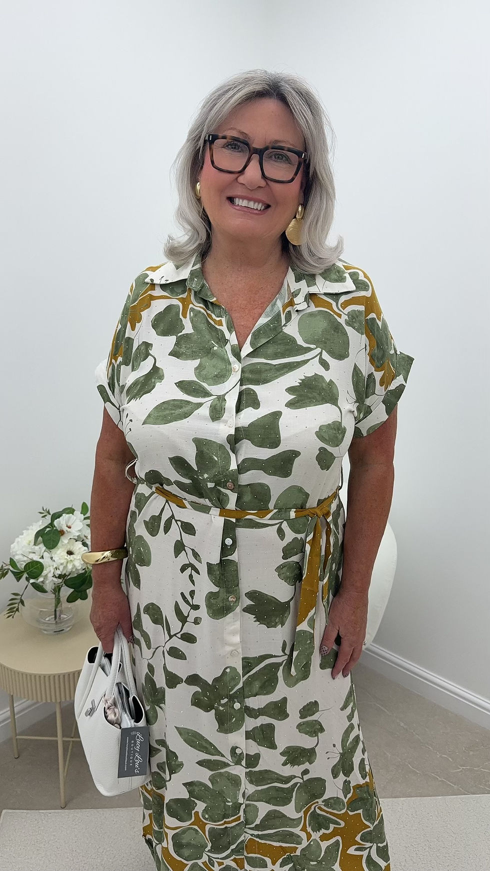 Thumbnail: Geraldine Gem Printed Belted Shirt Dress Khaki