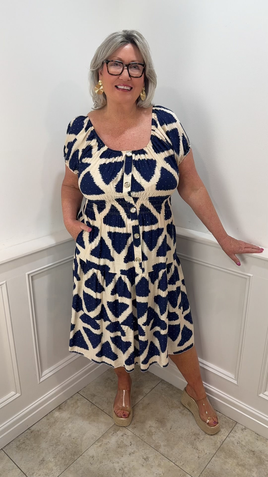 Alma Printed Gem Stone Gold Button Magic Midi Dress Navy