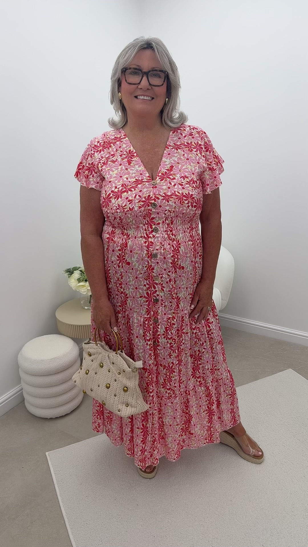 Leah Flower Shimmer V Neck Maxi Dress Pink
