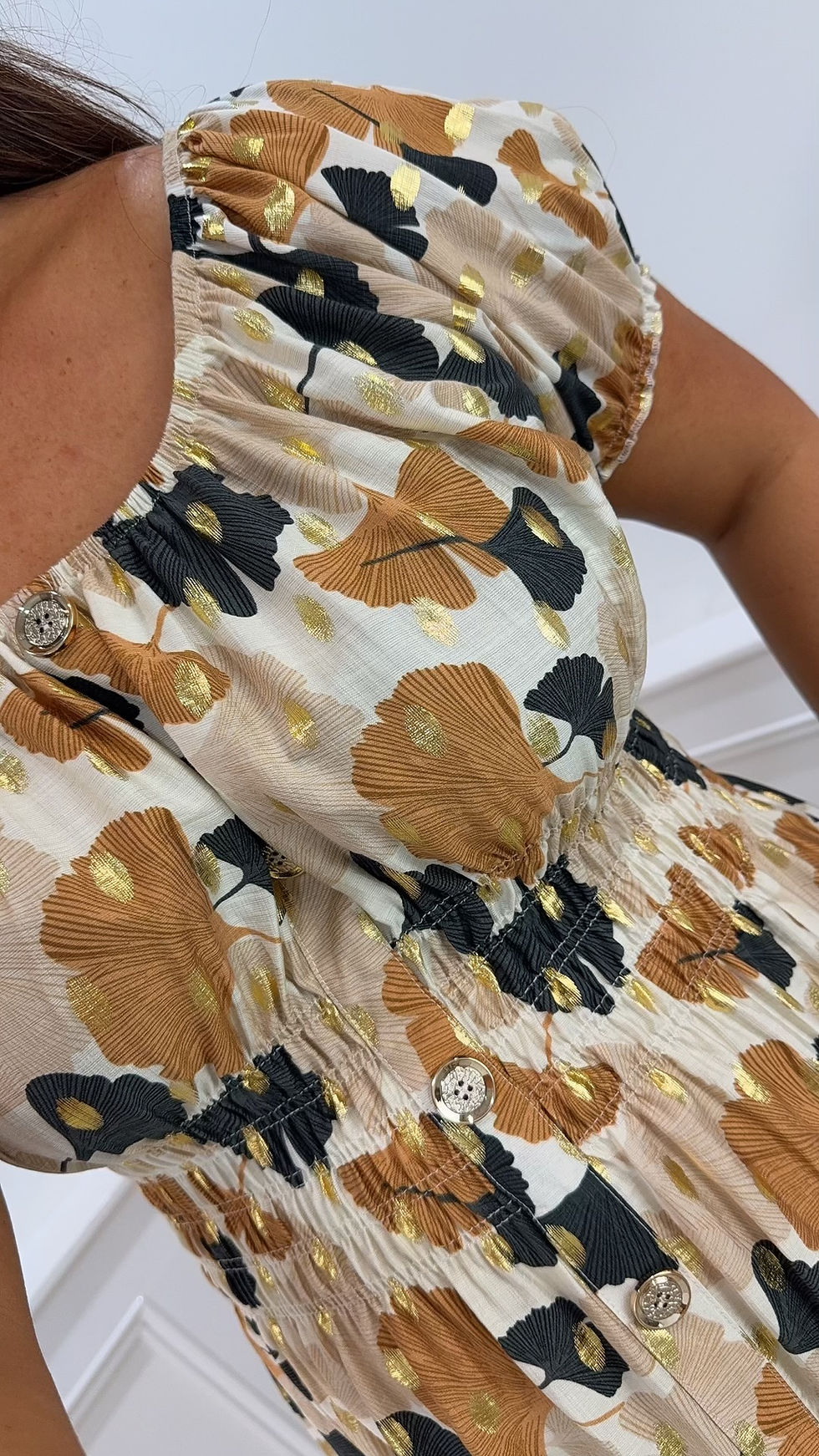 Thumbnail: Alma Printed Foil Gold Button Magic Midi Dress Beige