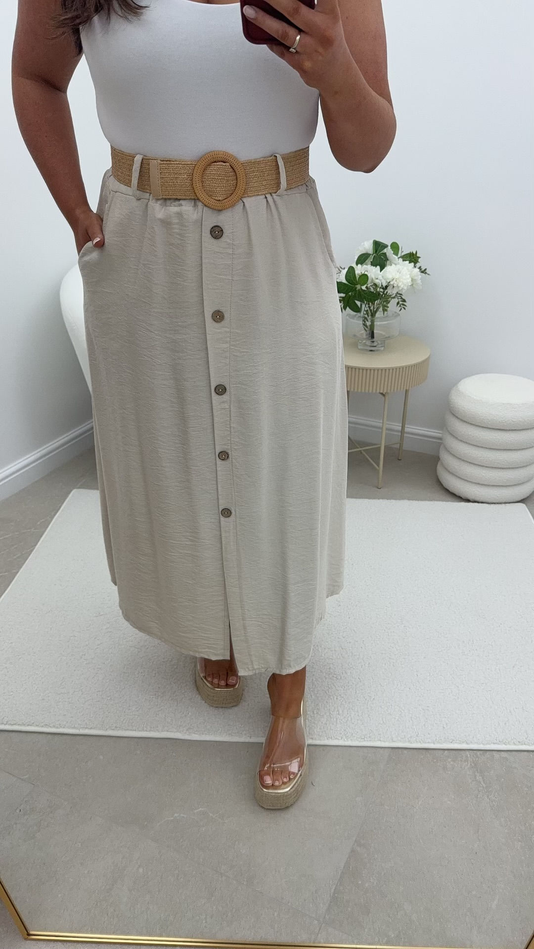 Irene Button Blended Detail Skirt Beige