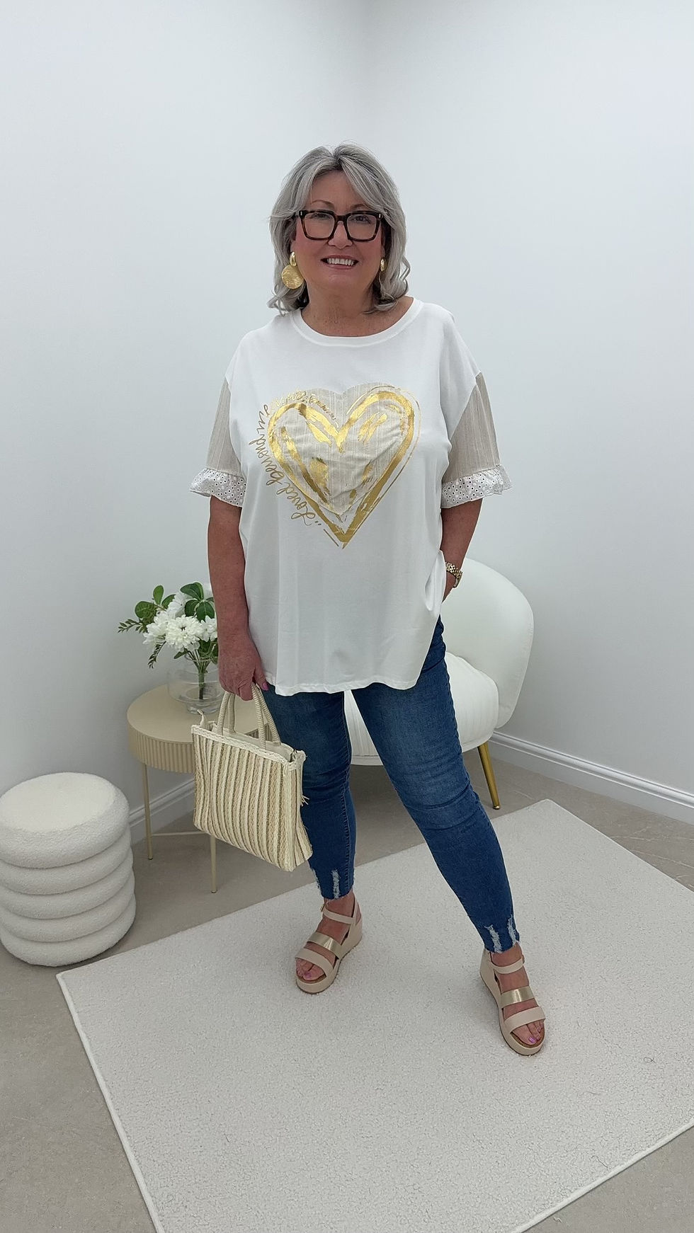 Thumbnail: Destiny Heart Broderie Anglaise Sleeve T-Shirt White