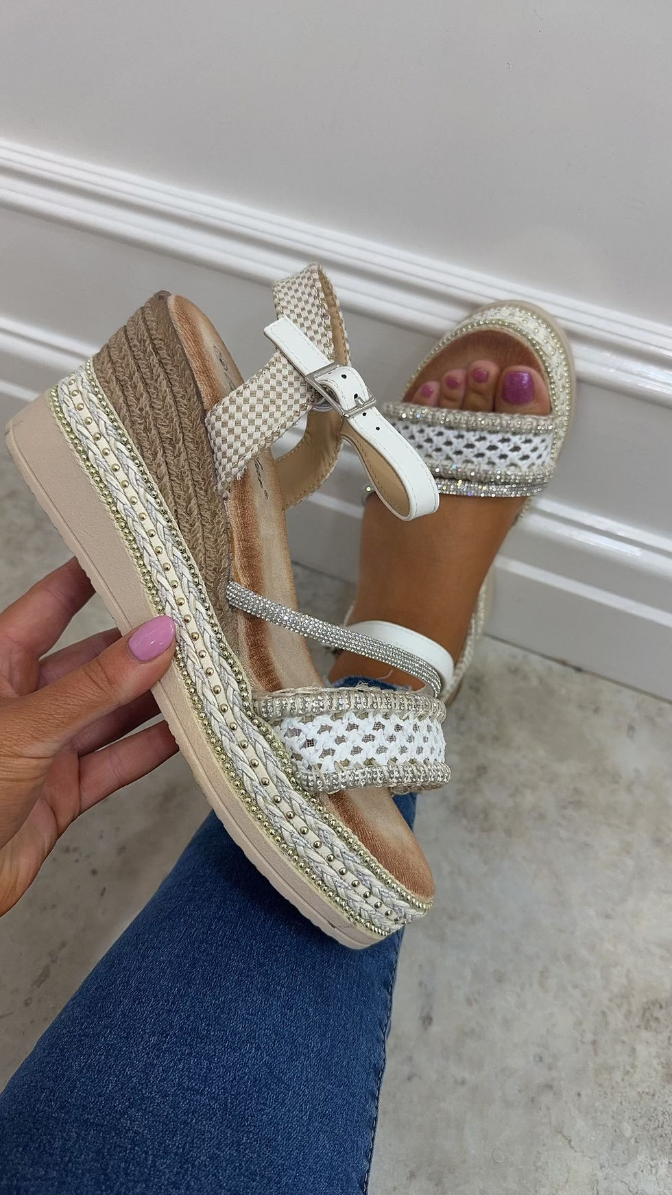 Thumbnail: Kylie Sparkle Strap Hessian Detail Wedges White