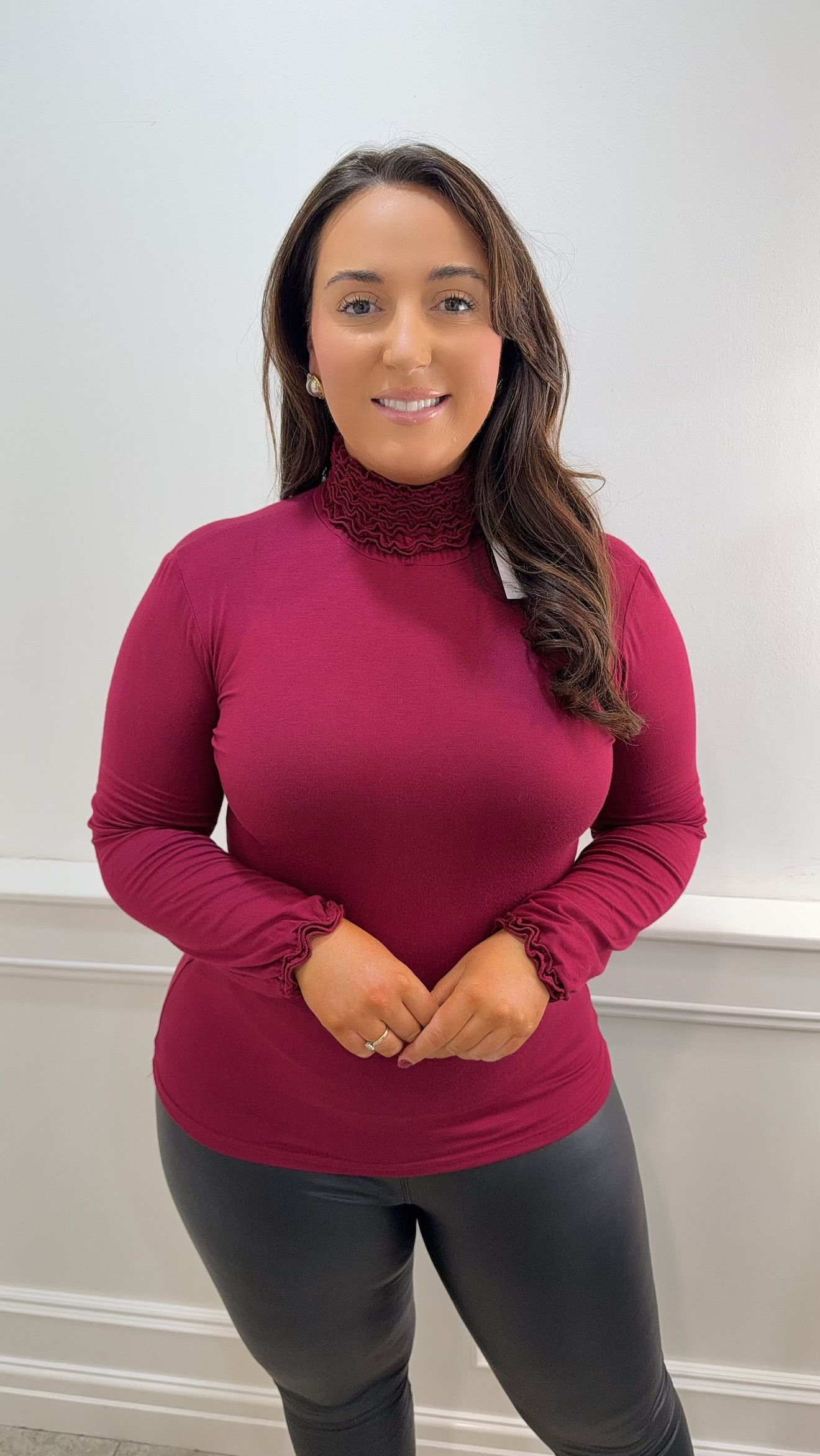 Poppy Frill Neck Polo Wine