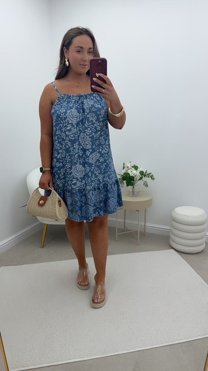 Tegan Strappy Denim Frill Dress Denim Floral
