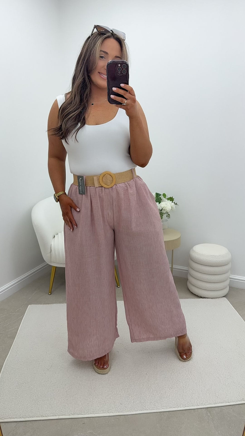 Thumbnail: Wendy Belted Wide Leg Elastic Waist Palazzo Pink
