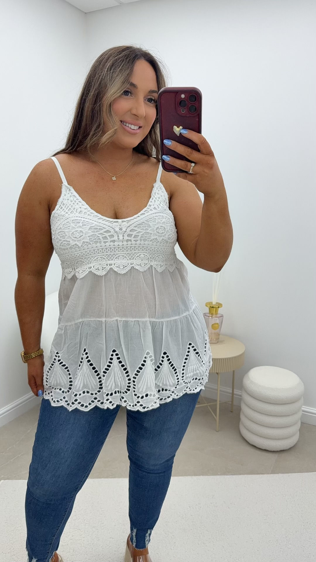 Rolo Strappy Crochet Vest Anglaise Top White