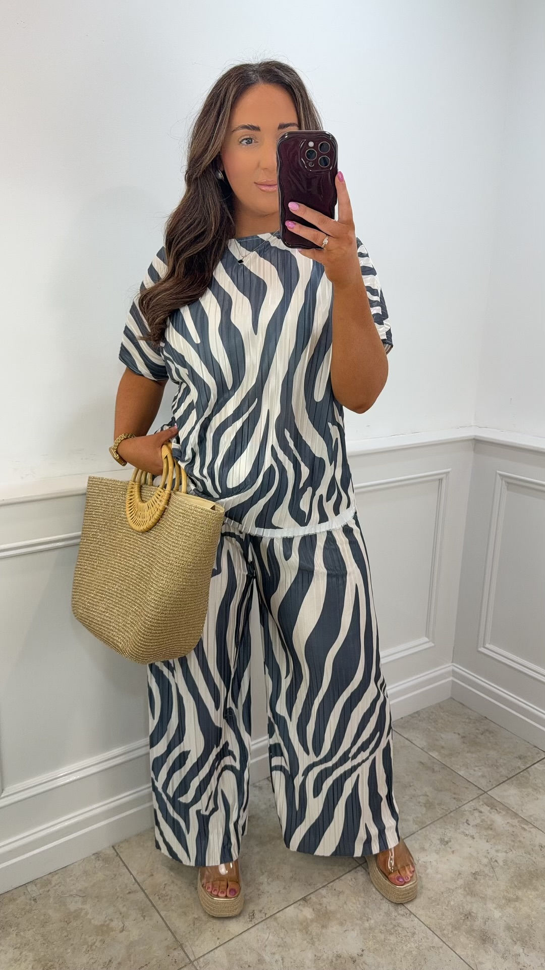 Lacey Pleated Zebra Two Piece Set Grey