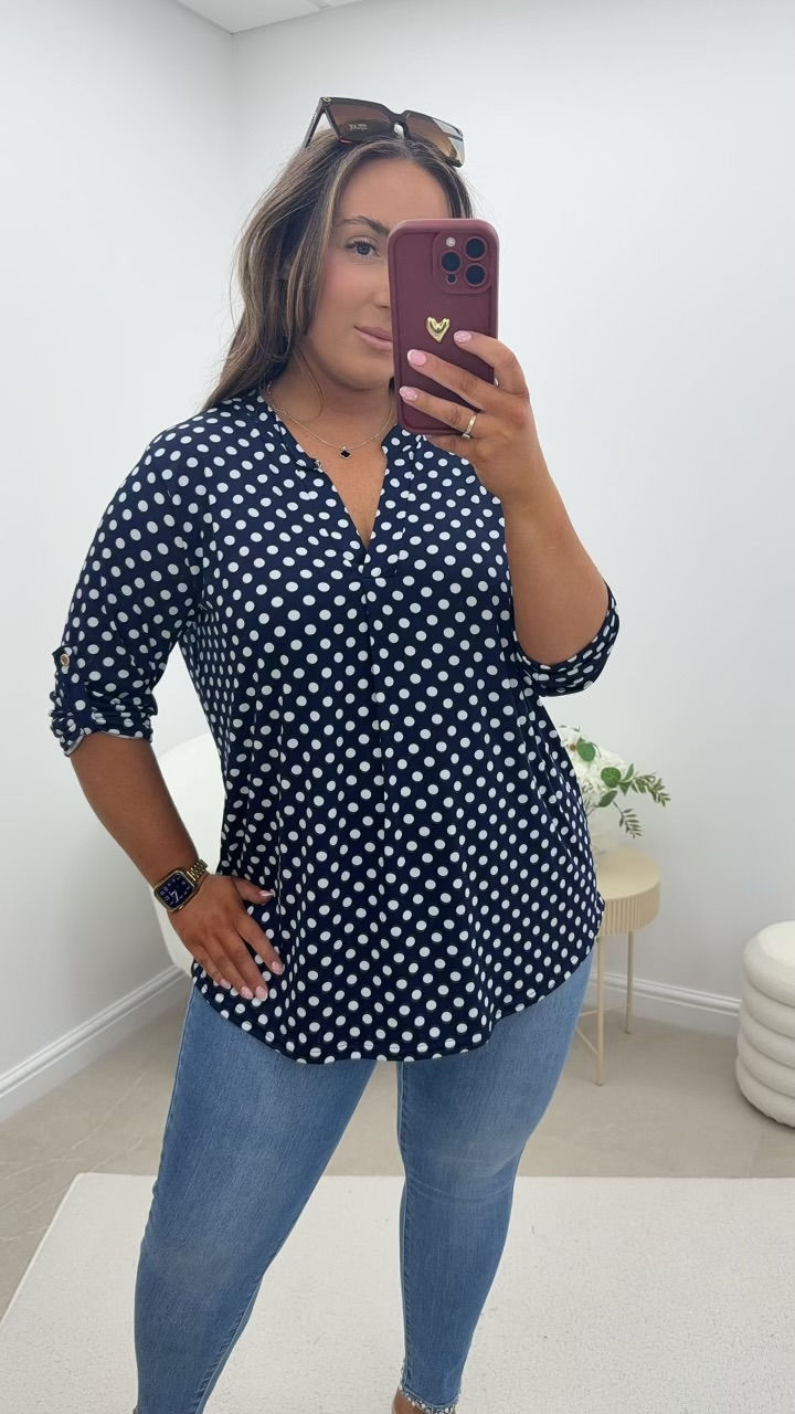 Thumbnail: Gina Grandad Collar Slinky Printed Top Polkadot Navy