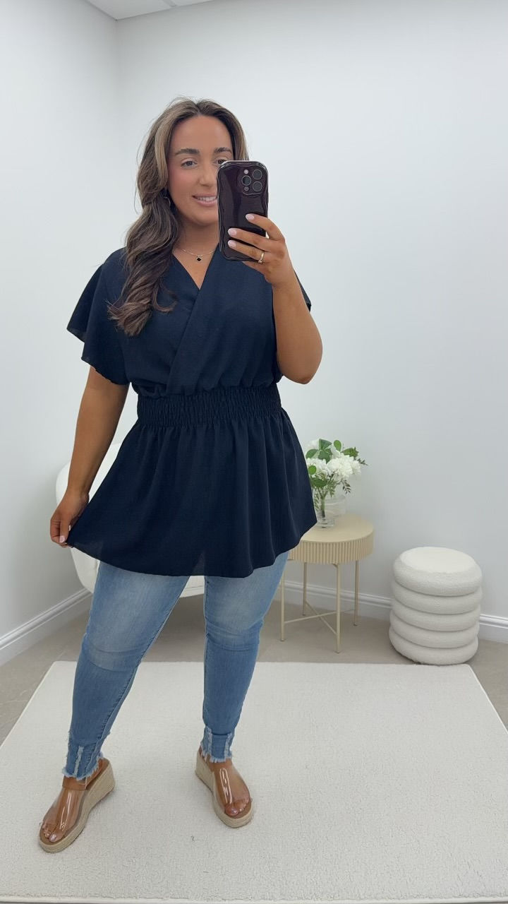 Kate V Neck Magic Frill Top Navy