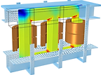 FEM model of a utility power transformer showing the B field distribution.