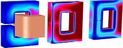 FEM model of a power electronics magnetic core showing the B field distribution.