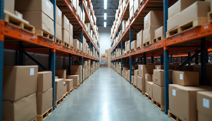 Eye-level view of a modern fashion warehouse with organized clothing racks and boxes