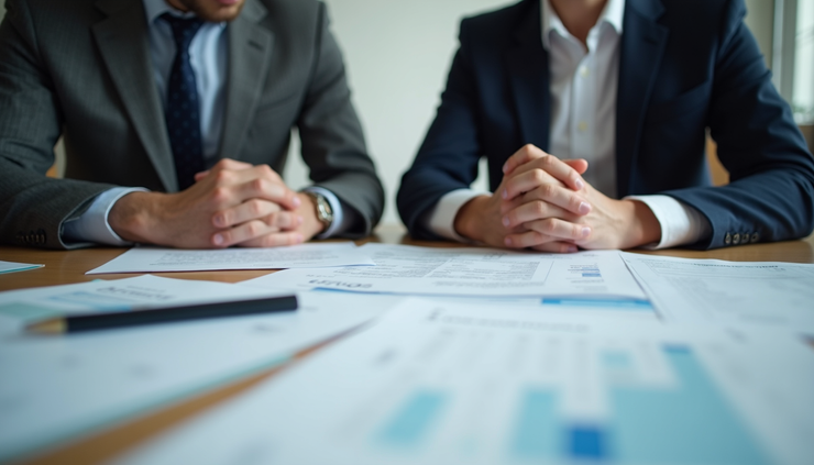 Eye-level view of a financial advisor reviewing documents with a client at a desk