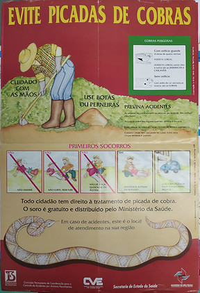 Cartaz informativo a população sobre como evitar picadas de cobras, direcionado aos trabalhadores rurais. Há a ilustração de um homem trabalhando, e orientações sobre uso de botas e calça. Há quadrados orientando quais ações fazer e quais não fazer no encontro com uma cobra, também ilustrados. As cores predominantes são amarelo, vermelho e verde.