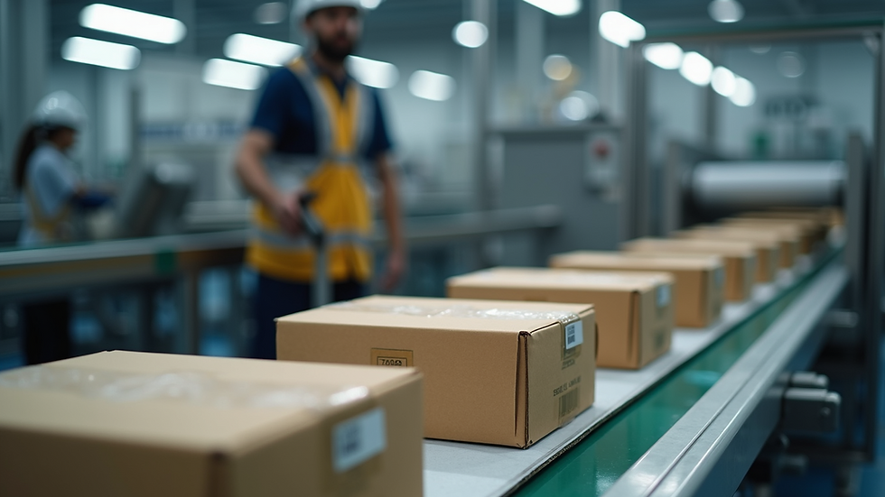 Close-up of automated packaging machine sealing industrial boxes