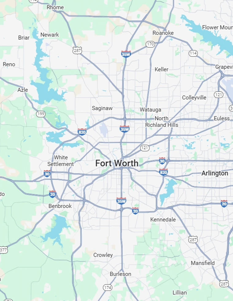 Map showing Fort Worth and Tarrant County rug cleaning service area