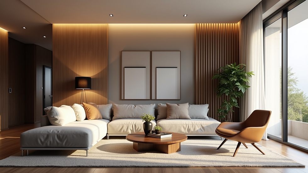Eye-level view of a modern living room with smart lighting features