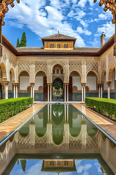 Court of the Myrtles: Alhambra's reflective pool framed by fragrant myrtle hedges