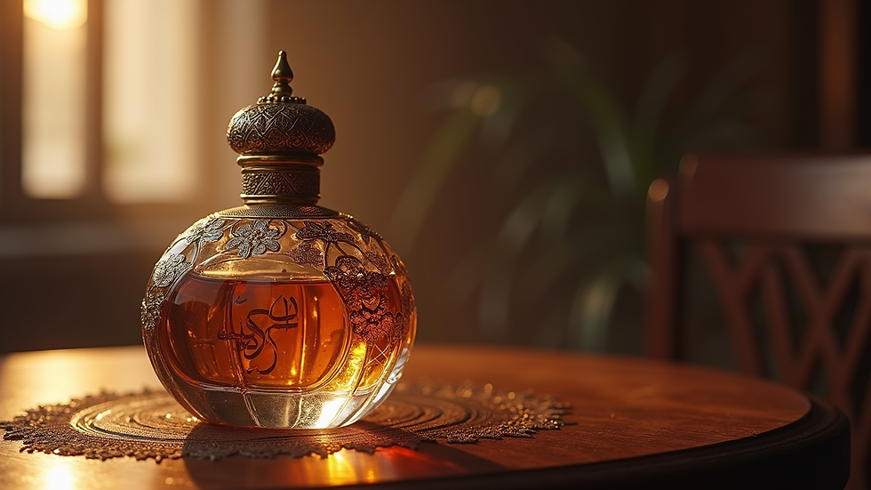 Close-up view of an ornate Arabic perfume bottle