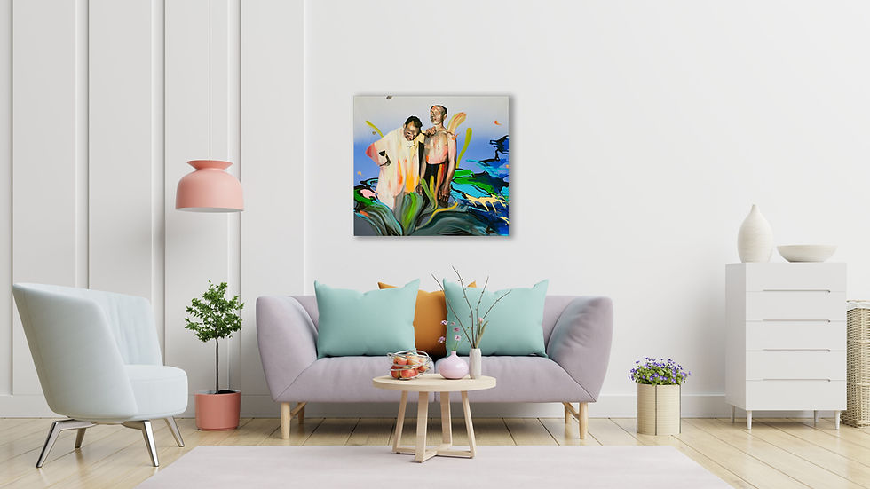 Thumbnail: In and out, acrylic and oil on canvas painting, original artwork, medium size, figurative contemporary in context