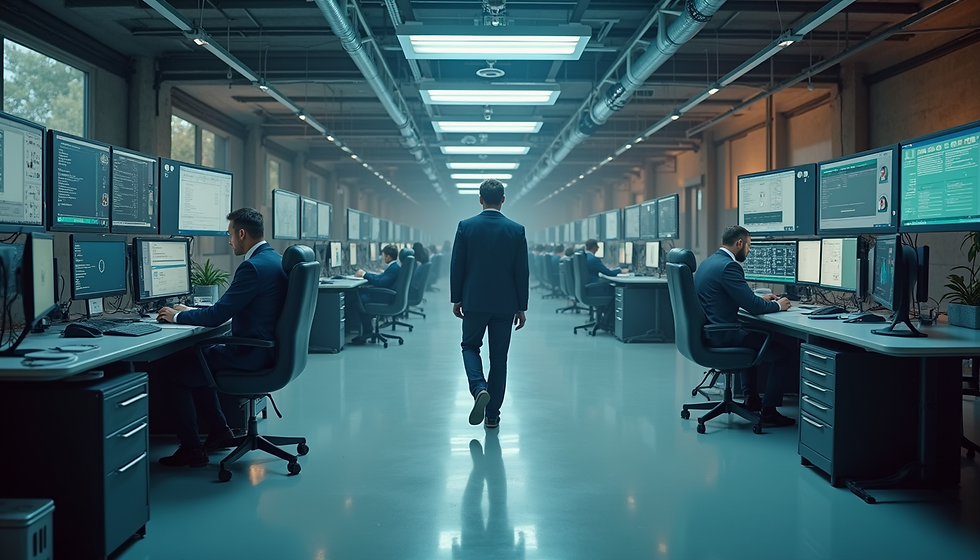Wide angle view of a modern server room with illuminated equipment
