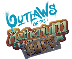 "Outlaws of the Aetherium Road" logo in blue and brown lettering