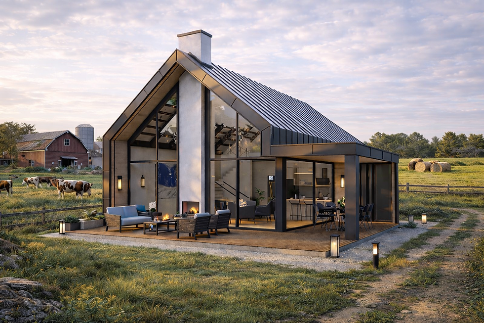 Modern gabled prefab house with timber façade, large glass windows, and outdoor seating in a natural setting