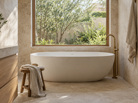Light bathroom inspiration with a freestanding bath and garden window