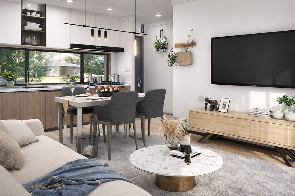 Thumbnail: Modern prefab house interior with open-plan living and dining area, neutral tones, and contemporary furniture