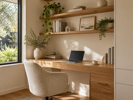 Home office inspiration with a built-in oak desk and coordinated storage