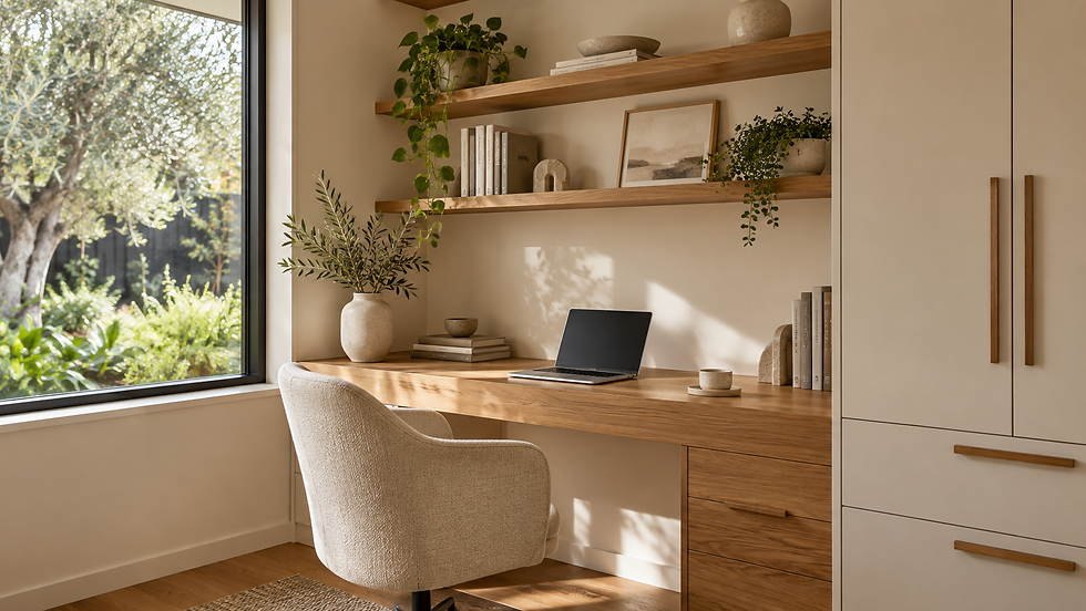Home office inspiration with a built-in oak desk and coordinated storage