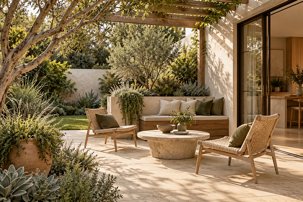 PTH sheltered garden-terrace design concept with timber bench, woven outdoor chairs, pale paving, olive cushions and planted borders