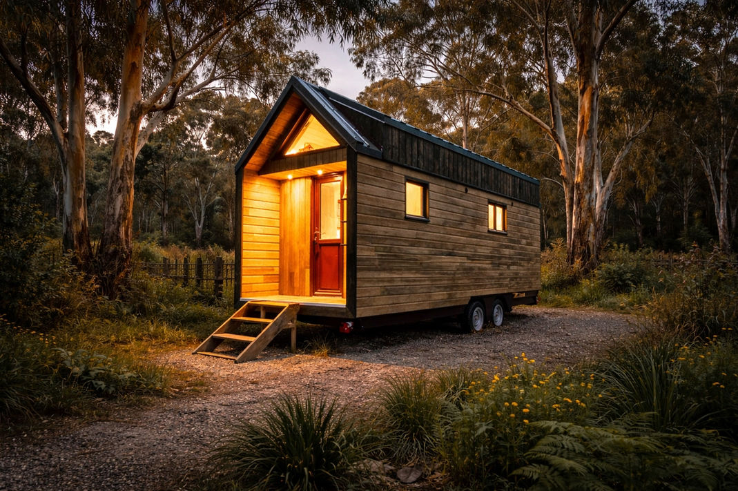 Warrigal tiny house on wheels in Australia with timber exterior in natural bushland setting at dusk.