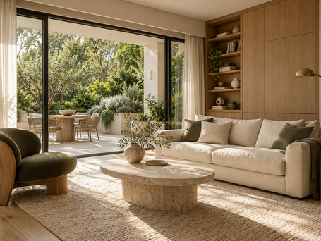 Garden-connected living-room design concept with warm oak storage and cream seating
