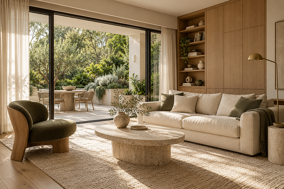 Garden-connected living-room design concept with warm oak storage and cream seating