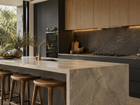 Kitchen inspiration combining dark cabinetry, oak and textured stone