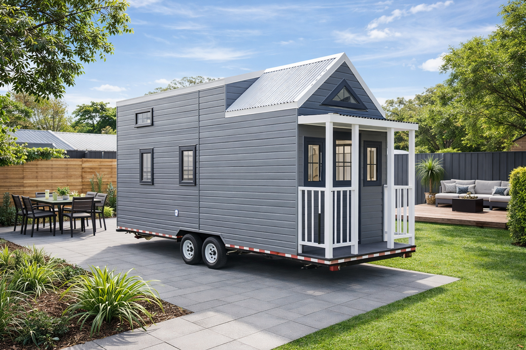 Yarraman tiny house on wheels in Australia with grey exterior and front porch in landscaped setting.