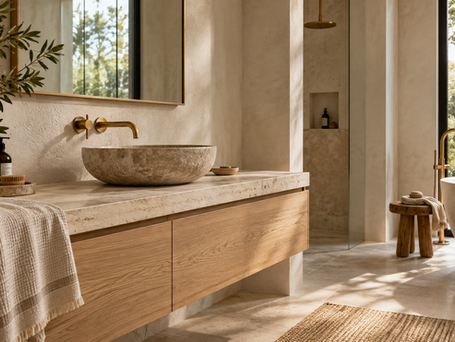 Bathroom inspiration with an oak vanity, stone basin and earthy finishes