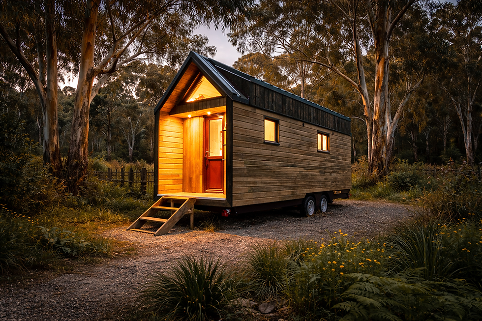 Warrigal Essential tiny house on wheels set in bushland with warm interior lighting at dusk
