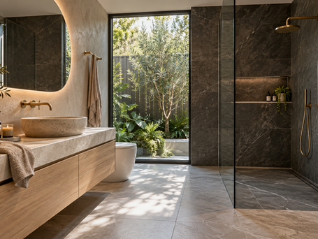 Modern bathroom inspiration with dark stone, an oak vanity and a curved mirror