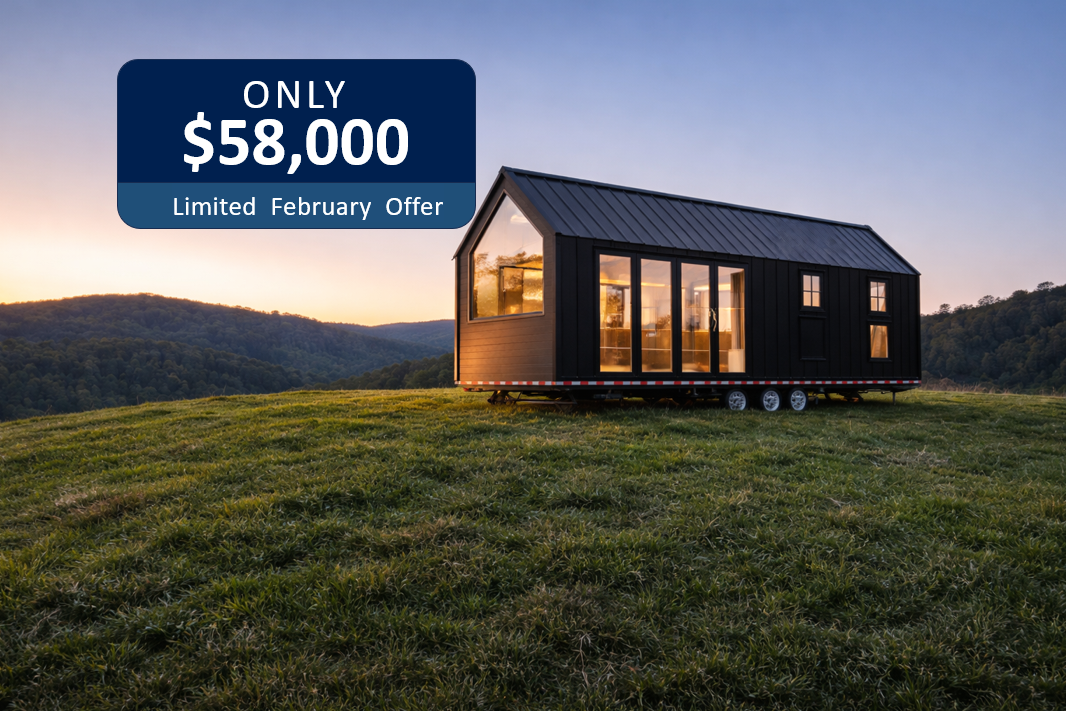 Modern tiny home with black exterior and large windows, positioned on a grassy hillside at dusk, with interior lights on and a “$58,000 limited February offer” label.