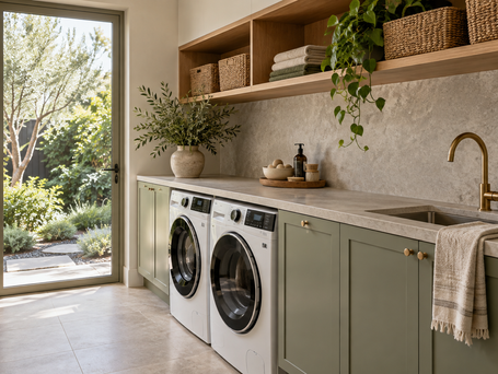 Laundry inspiration with sage cabinetry, oak shelving and a stone worktop