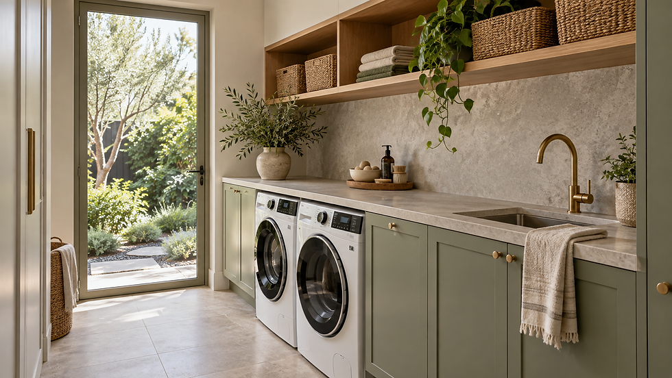 Laundry inspiration with sage cabinetry, oak shelving and a stone worktop