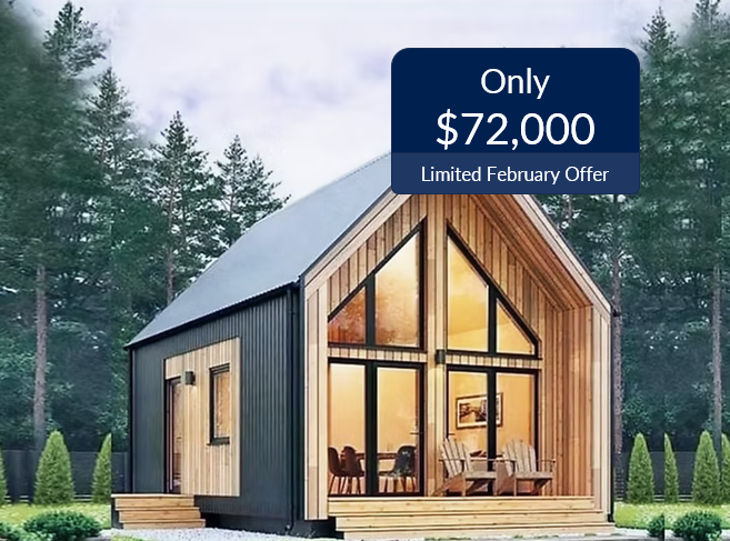 Kewong compact prefab house with gabled roof, large glass facade and timber accents, shown outdoors