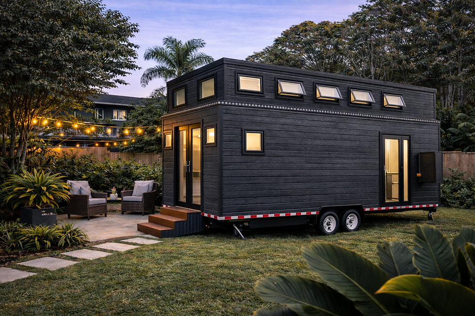 Thumbnail: Ellalong luxury tiny home on wheels featuring contemporary style and warm interior lighting