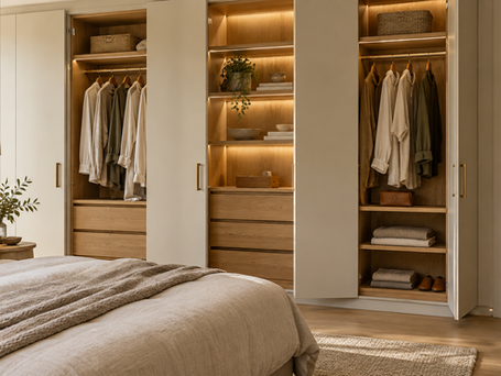 Wardrobe inspiration with oak joinery, drawers and organised hanging storage