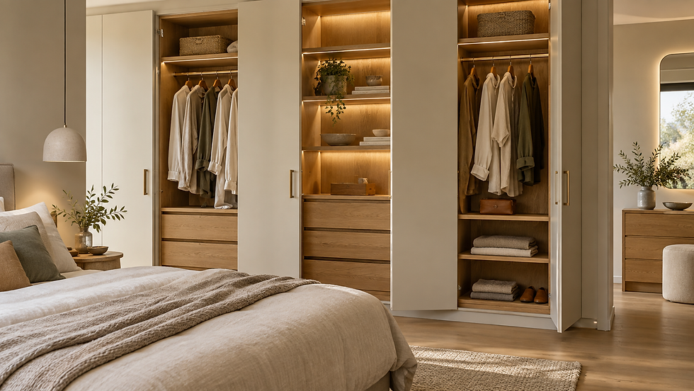 Wardrobe inspiration with oak joinery, drawers and organised hanging storage