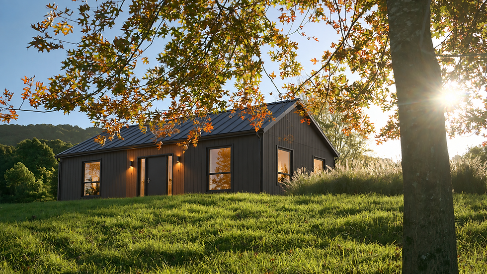Ngura pitched-roof exterior concept in a photographic landscape, front-right view. AI-edited illustration.